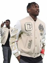 Trendy Futbol Fi Yeni Erkekler İşlemeli Bombacı Ceket Hip Hop Mektubu Deri Beyzbol Giysileri Ekleme Y2K Ceket J8ai#