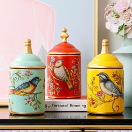 Jars Vintage Ceramic Kitchen Canister Jars Storage Bottles Retro Tea Candy Tin Sugar Pot Pastoral Bird Printing Painted Storage Cans