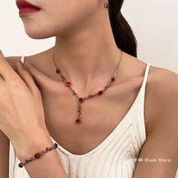 Necklace Earrings Set Vintage Red Rose Flower Bracelet Earring Jewelry For Women Tassel Clavicle Chain Wedding Engagement