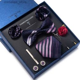 Neck Ties Neck Ties Holiday Present Tie Handkerchief Pocket Squares Cufflink Set Necktie Box Striped Dark Blue April Fools Day Y240325