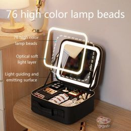 Bins 2023 New Smart LED Makeup Bag With Mirror Large Capacity Compartments Waterproof PU Leather Travel Cosmetic Case For Women