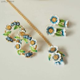 Earrings Necklace Cute Blue Flower Jewellery Sets Women Earring Necklace Party Accessories Good Gift Copper Enamel Glaze L240323