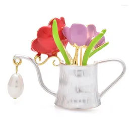 Brooches Wuli&baby Beauty Flower Watering Pot For Women Unisex High Quality Enamel Pearl Kettle Party Casual Brooch Pins Gifts