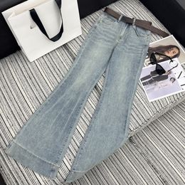 2024 Free Shipping Blue Straight Slim High End Runway Pockets Belts Denim Women's Jeans Designer Women's Denim Pants 3257