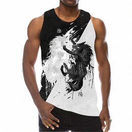 animal Wolf Pattern Tanks Tops Sleevel Round-Neck Street Style 3D Print Vest 6XL Plus Size Man Clothing Loose Casual Top 56Fd#