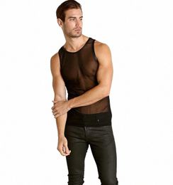 free ship vest male hollow out summer transparent thin see-through base vest B3mC#