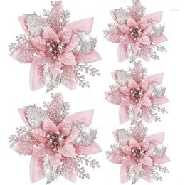 Christmas Decorations 5Pcs Glitter Pink Artificial Flower 14cm Flowers Head Xmas Tree Ornaments Merry Decoration Year For Home