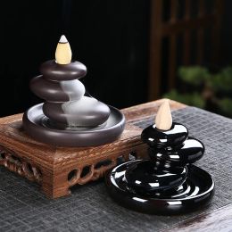 Burners Creative Ceramic Chinese Backflow Incense Burner Mountain Flowing Water Sansheng Stone Aroma Burner Furnishing Home Decoration