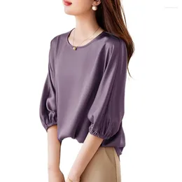 Women's T Shirts Summer Pink Purple Top Satin Round Neck Raglan Cuffs Short Sleeve Back Button Design Sense Commuter Shirt Y2k Clothing