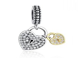 Micro Pave Crystal Gold Plated Heart Padlock Charm Pendants 925 Sterling Silver Dangle Charms Bead For European Women Diy Brand Br5417555