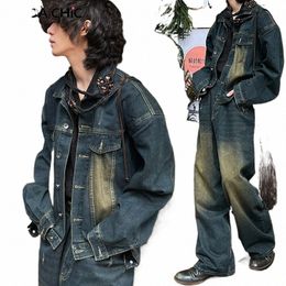 reddachic Men's Denim Suit Bomber Jacket & Baggy Jeans 2-piece Set Brushed Wide Leg Pants Oversize Coat Hiphop Harajuku Clothes N71B#