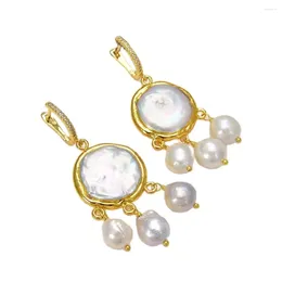 Dangle Earrings GG Jewellery Natural Pearl Cultured White Coin Freshwater Keshi CZ Zircon Hook Trendy For Women