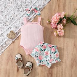 Clothing Sets Baby Girl Romper Shorts Set Sleeveless Knit Tank Tops Solid Ribbed Bodysuit Ruffle Bloomers Floral Headbands