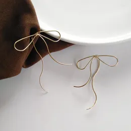 Dangle Earrings 2024 Korean Design Fashion Jewelry Simple Golden Silver Color Metal Line Bow Elegant Female Stud