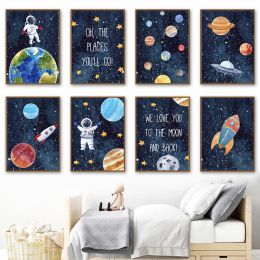 Calligraphy Space Planet Rocket Astronaut Star Nursery Wall Art Canvas Painting Nordic Poster and Prints Wall Pictures Baby Kids Room Decor