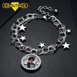 Bracelets ICEOUTBOX Silver Colour Stainless Steel Round Custom Picture Medallions Bracelet For Women Men With Star Multilayer Jewellery Gift