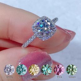 Cluster Rings Square Design Moissanite Ring Jewellery 5-8mm 0.5-2CT For Women 2024 Trendy Colour Blue Pink Yellow Green S925 Sterling Silver