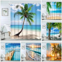 Curtains Beach Landscape Shower Curtain Nature Tropical Ocean Seaside Scenery Polyester Fabric Bathroom Curtains Hook Set Home Wall Cloth