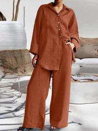 Women's Two Piece Pants Women Cotton Linen Chic 2 Set Casual Lapel Single Breasted And Wide Leg Sets 2024 Summer Loose Female Vacation Suits