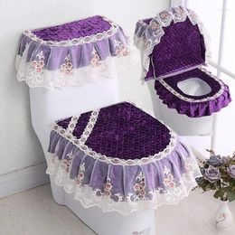 Toilet Seat Covers Winter Double Sided Golden Velvet Cushion Zippered Cover Three Piece Set Lace Hemline Household Mat