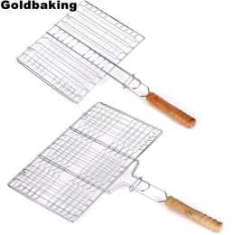 Meshes Goldbaking Portable BBQ Grilling Basket Stainless Steel Nonstick Barbecue Grill Basket Tools Grill Mesh for Fish Hamburger