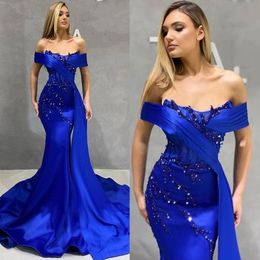 Elegant Royal Blue Mermaid Evening Dresses Beaded Sequins Off The Shoulder Long Satin Formal Party Gown Sexy Prom Dress Special Occasion Wear for Women