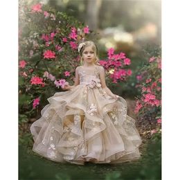 Милые платья для девочек-цветочниц на свадьбу с жемчужным вырезом и кружевными аппликациями, многоярусные юбки, пышное платье для девочек, детские платья на день рождения Cg001