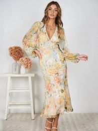 Casual Dresses Chicheca Hollow Out Lantern Sleeve Spring Women's Dress Printed Floral Midi Summer 2024 V Neck Boho Yellow Sundress Party