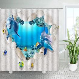 Curtains Beach Cave Dolphin Shower Curtains Cartoon Sea Animal Tropical Fish Shell Coral Underwater Landscape Children Bathroom Decor Set