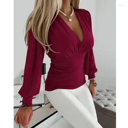 Women's Blouses Fashion Slim Fit Deep V-neck Women Blouse Long Sleeve Simple Casual Sexy Shirt Office Lady Solid Elegant Pleated Tops 30470