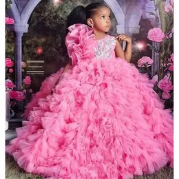 Organza 2022 Pink Pageant Sukienki Quinceanera dla małych dziewczynek kantar 3D kwiaty kwiatowe koronkowe kwiat dziewczyny pierwsza sukienka komunalna