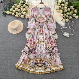 Casual Dresses Spring Fashion Runway Gorgeous Flower Chiffon Maxi Dress Women Deep V Neck Long Sleeve Floral Print Boho Robe Vestidos 6549