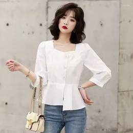 Women's Blouses Sweet Solid Colour Puff Sleeve Irregular Shirt Clothing 2024 Spring Korean Tops All-match Asymmetrical Blouse