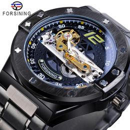 Forsining Classic Bridge Mechanical Watch Men Black Automatic Transparent Gear Full Steel Band Racing Male Sport Watches Relogio260Y