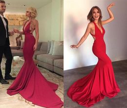 2017 New Sexy Deep V Neck Mermaid Red Prom Dresses OpenBack Sleeveless Floor Length Cheap Dresses Evening Wear Custom Made6764258