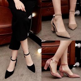 Dress Shoes Hollow Anti Velvet Bow Buckle Korean Thick Heel One Line Sandals Single Middle Pointed High Heels 4370