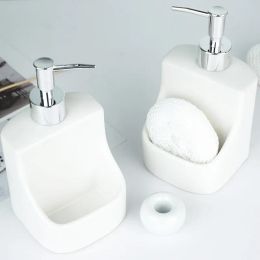 Dispensers 1Pcs Simple Grey and White Ceramic Liquid Soap Bottle Household Bathroom Lotion Bottle Sponge Holder