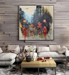 Calligraphy City Landscape Art Large Abstract City Oil Painting Hand Painted Vintage Avenue Urban Wall Art Winter Architectural Home Decor