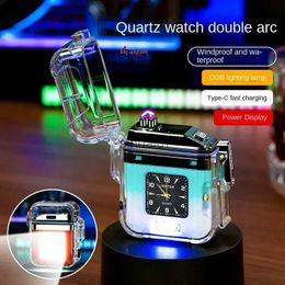 Lighters Quartz Clock Transparent IP56 Waterproof Double Arc Type-C Lighter Outdoor Windproof COB Lighting LED Power Display Gadget 240325