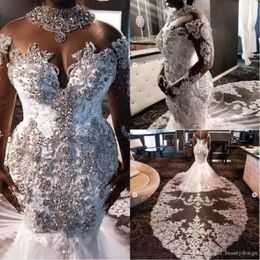 Sereia casamento africano sul vestidos de renda cristais miçangas mangas compridas vestido de noiva alta pescoço plus size vestidos cg