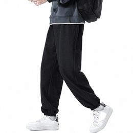 fall Winter Men Pants Thickened Plush Loose Ankle-banded Drawstring Elastic Waist Solid Colour Pockets Soft Warm Men Full Length p3hK#