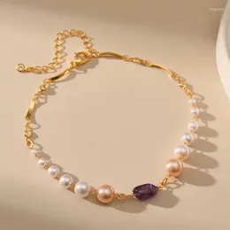 Anklets Natural Shell Pearl Women Anklet Chic 18k Gold Plated Metal Chain Purple Crystal Pendant Foot Accessories Female Jewellery Gifts