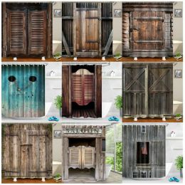 Curtains Farmhouse Decorative Wooden Door Shower Curtain Retro Rustic Barn Wood Door Europe Western Country Home Decor Bath Curtain Hooks