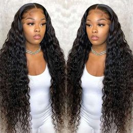 Pizazz 13x4 HD Transparent Lace Front Human Pre Plucked Bleached Knots with Baby Hair 180 Density Brazilian Deep Wave Frontal Wigs for Women(26 Inch, Black