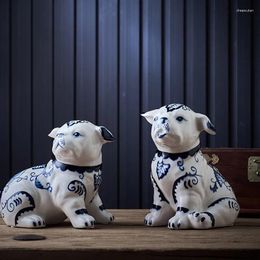 Decorative Figurines Chinese Blue And White Porcelain Handicraft Ornaments Ceramic Dog Simulation Animal Sculpture Vintage Handcrafts