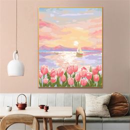 Number Painting by Numbers For Adult Adult RedTulips On The Beautiful Pink Sunset Sea Surface Canvas Oil Paint by Number Home Decor