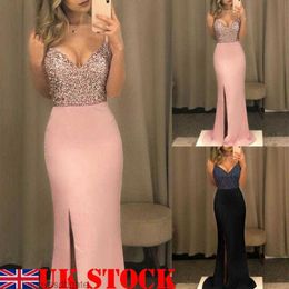 Skirts Fashion Women Sequins Spaghetti Strap Backless High Slit Maxi Dress Bodycon Gown