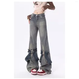 Women's Jeans Spicy Girl Blue Bow Vintage Female Street Wide Legged Pants American Grunge High Slim Bell Bottom Streetwear