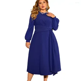 Plus Size Dresses Belted Cocktail Dress Elegant Lace-up Midi With Puff Sleeves For Fall Spring Events Women's High