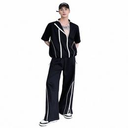 2 Pieces Sets Men Casual Sports Double Zipper Stand Collar Short Sleeve Jacket Pant Jogger Sweatpants Male Vintage Coat Trousers h1t4#